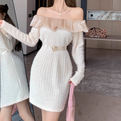 Ruffled Fur Sweater Long-Sleeved Knitted Dress