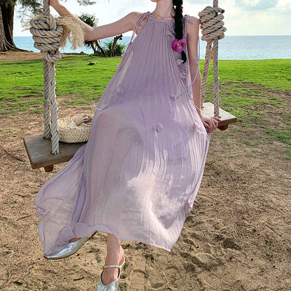 Pleated Petal Feather Seaside Holiday Purple Dress