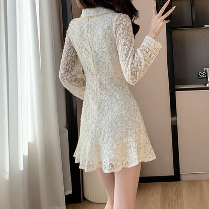 Lace Lapel Single-Breasted Floral Dress