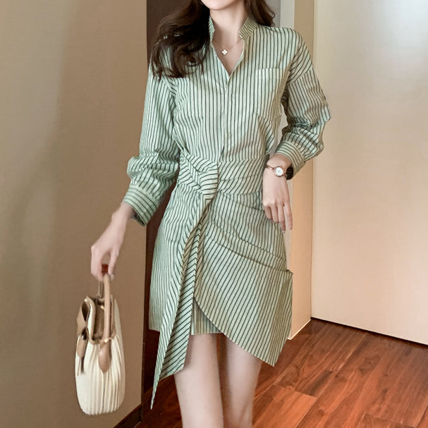 Irregular Striped Waisted Long Sleeve Shirt Dress