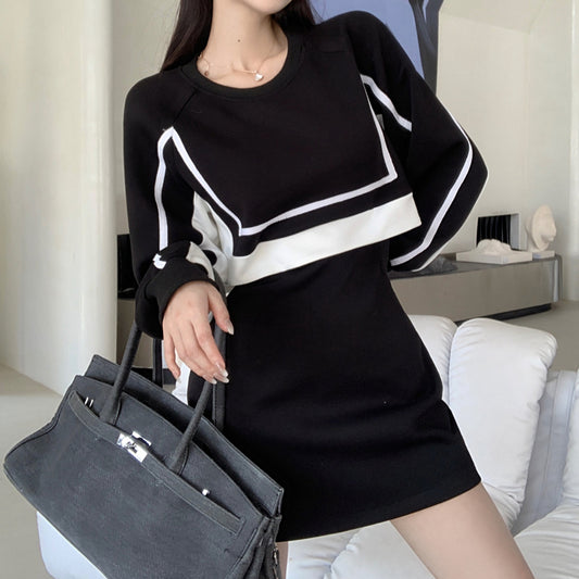 Black White Color Matching Fake Two Piece Short Dress