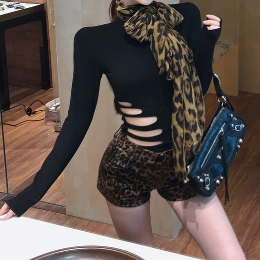 Long-Sleeved T-Shirt Hollow High-Necked Top Leopard Print Shorts