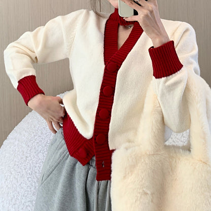 V-Neck Cutout Long Sleeve Christmas Knit Cardigan