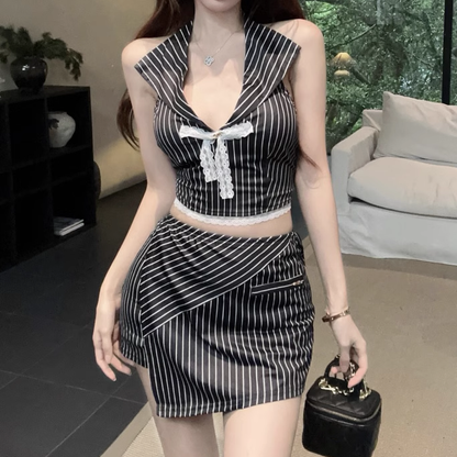 Backless Bow Striped Short Top Irregular Skirt Set