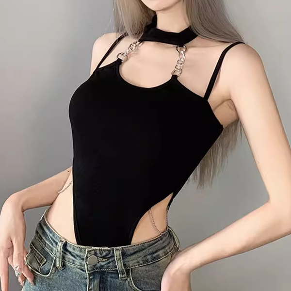 Chain Tight Halter Neck Sexy Black Bodysuit