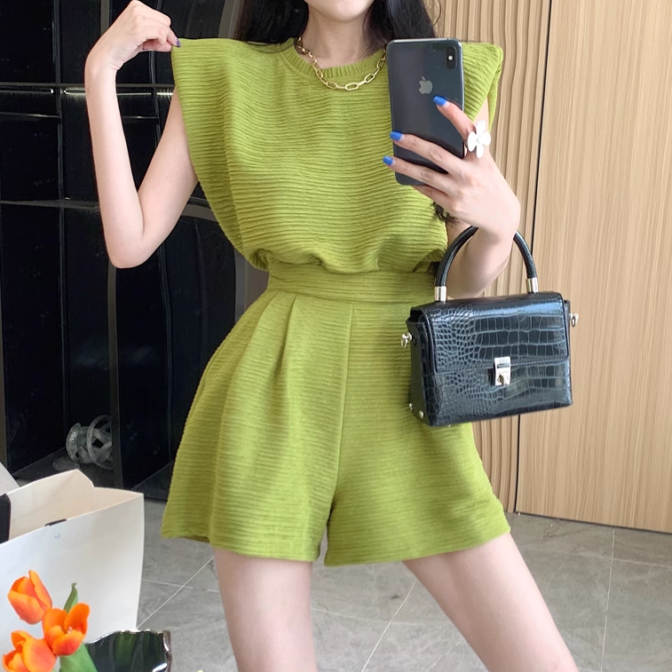 Round Neck Sleeveless Top High Waist Shorts Set