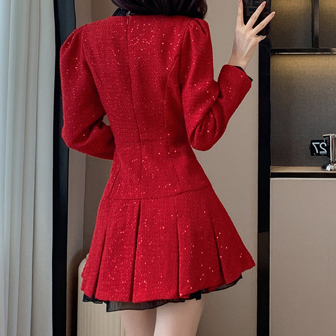 Single-Breasted Long-Sleeved Elegant Red Dress