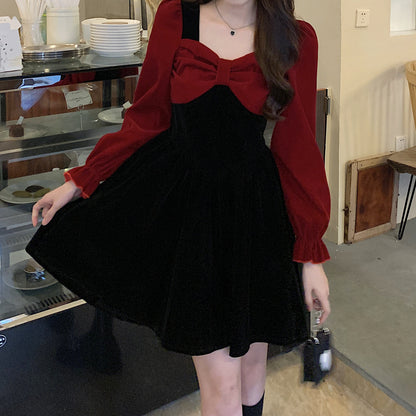 Oversized Bow-Paneled Velvet Long-Sleeve Dress