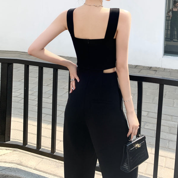 Hollow High-Waisted Wide-Leg Suspender Jumpsuit