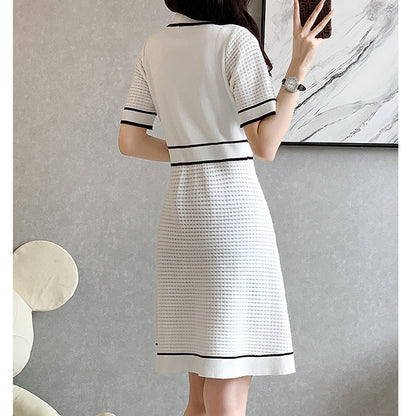 Short-Sleeved Button Elegant Ice Silk Knitted Dress