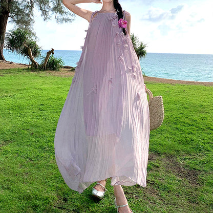 Pleated Petal Feather Seaside Holiday Purple Dress