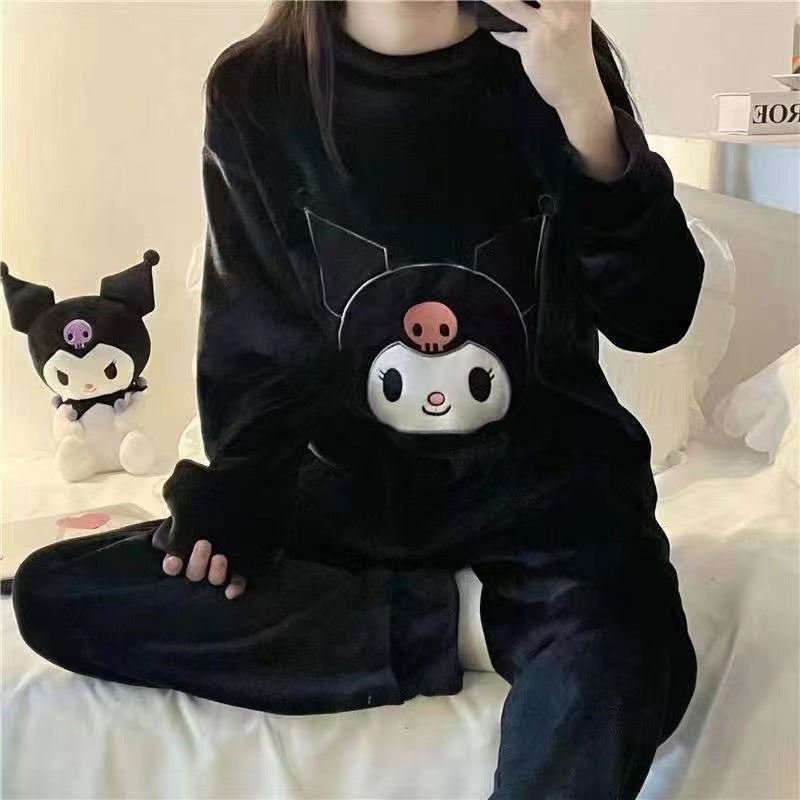 Cartoon Coral Fleece Round Neck Warm Pajamas Set