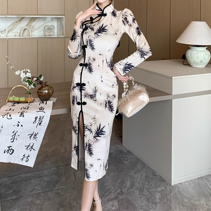 Bamboo Print Slit Slim Chinese Cheongsam Dress