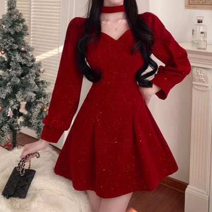 Velvet V-Neck Long-Sleeved Red Christmas Dress