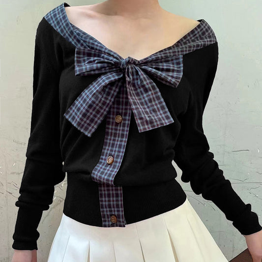 Plaid Tie Bow Long-Sleeved T-Shirt Contrast Color Button Top