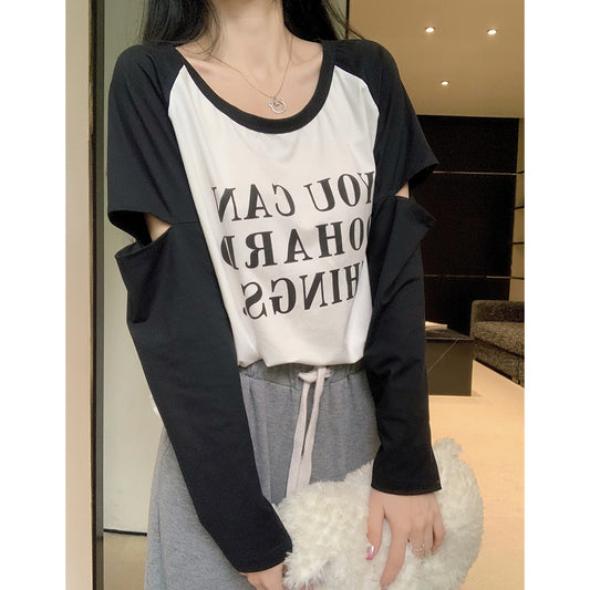 Patchwork Long Sleeve T-Shirt Ripped Color Block Letter Top