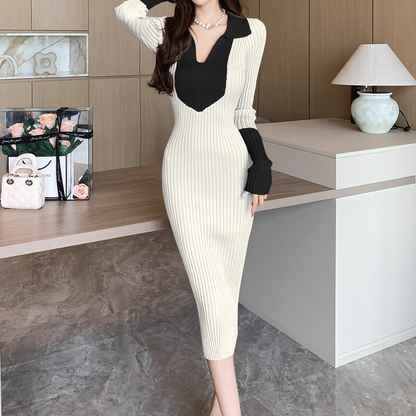 Color Matching Lapel Slim Long Sleeve Knitted Dress