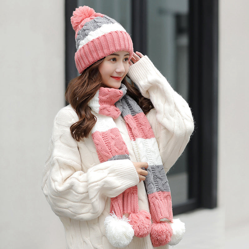 Color Block Knitted Warm Fur Ball Hat Scarf Set