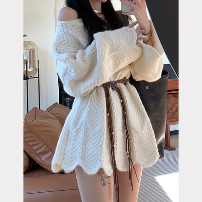 Irregular Lace Hollow Knitted Off-Shoulder Sweater Dress