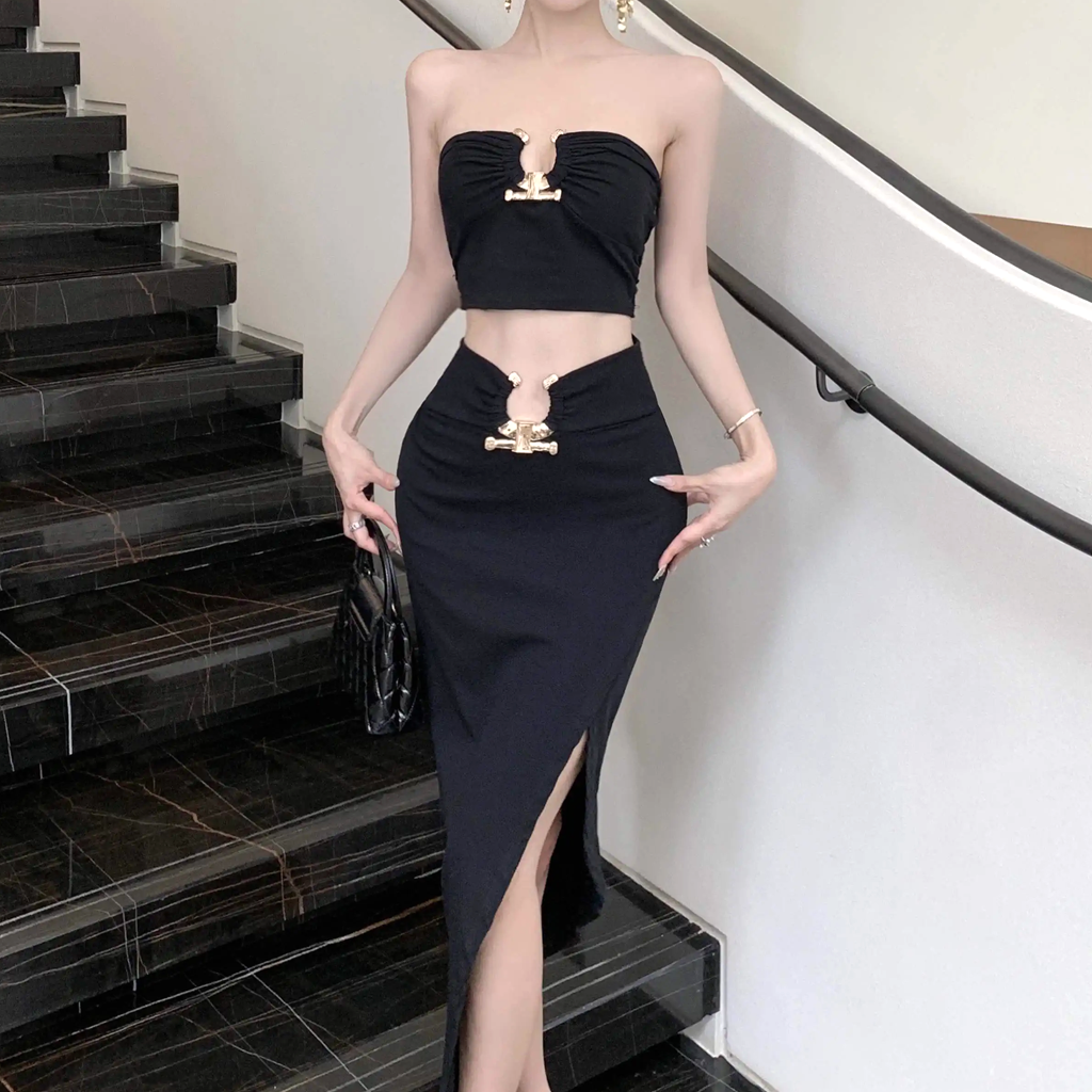 Clavicle-Exposed Tube Top Vest Cape Slit Slim Skirt Set