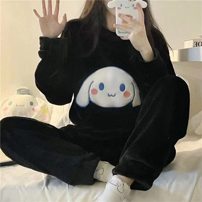 Cartoon Coral Fleece Round Neck Warm Pajamas Set