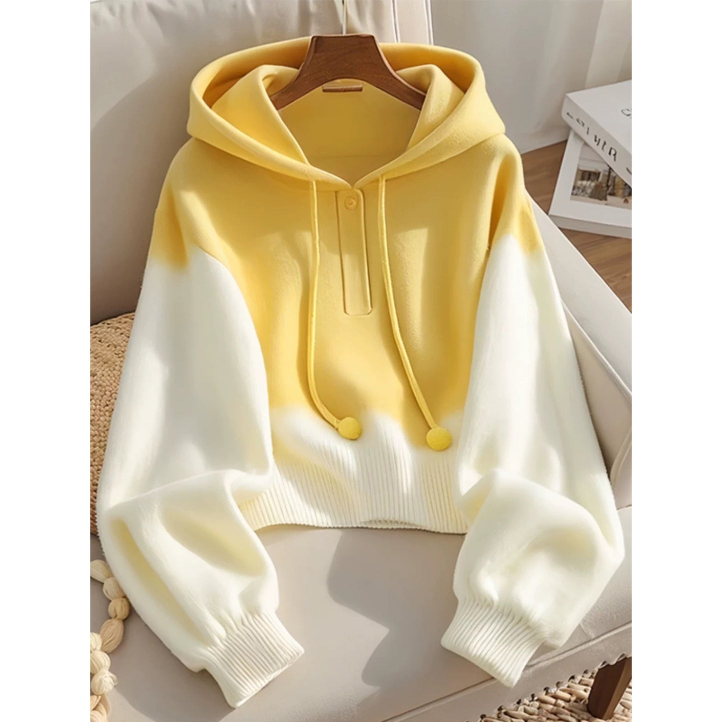 Yellow Retro Loose Lazy Style Hooded Sweater