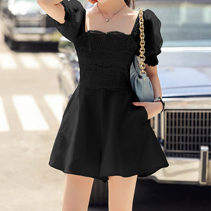 Square Neck Lace Puff Sleeve Slim Fit Jumpsuit