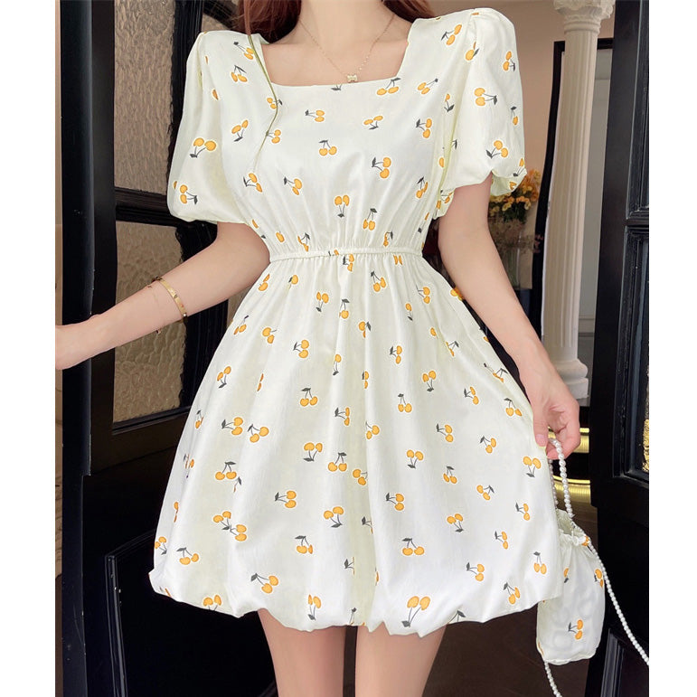 Puff Sleeve Waist Neck Square Neck Floral Dress