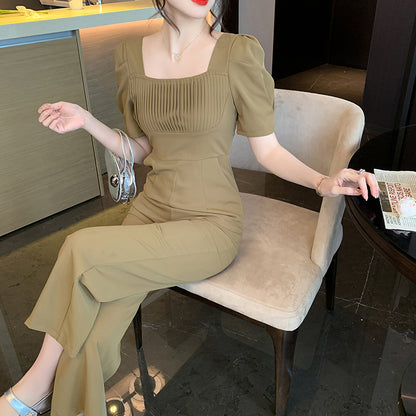 Fashionable Square Neck Pleated Simple Waist Slimming Jumpsuit