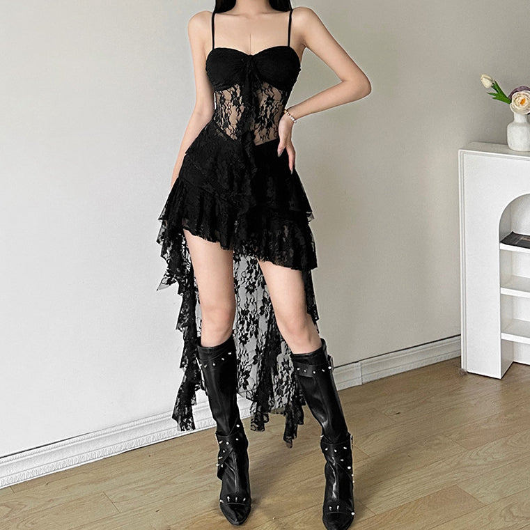 Hollow Lace Irregular Hem Camisole Dress