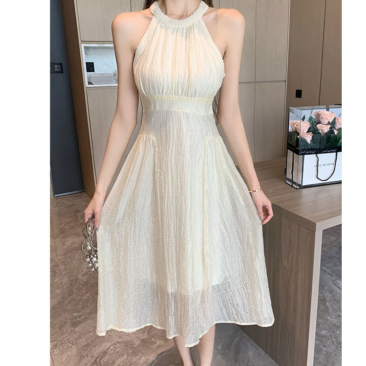 Sleeveless High Waist Halter Neck Lace Ribbon Dress