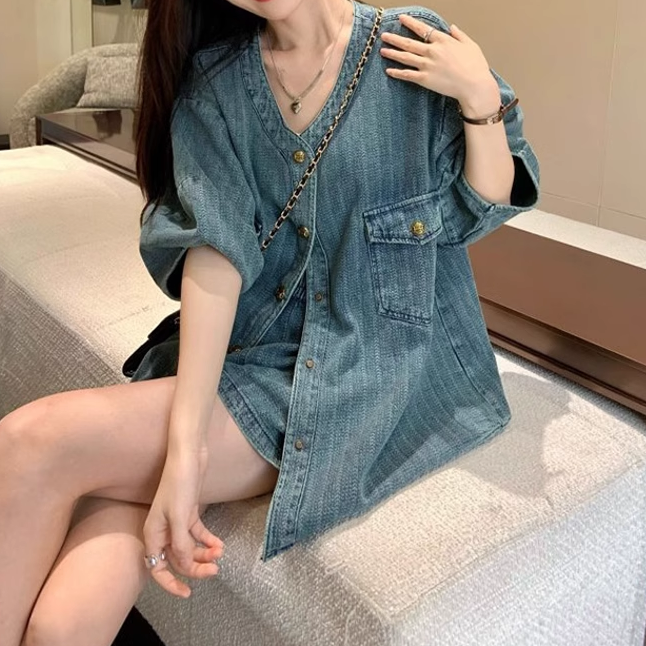 Loose V-Neck Denim Top Wide-Leg Shorts Set