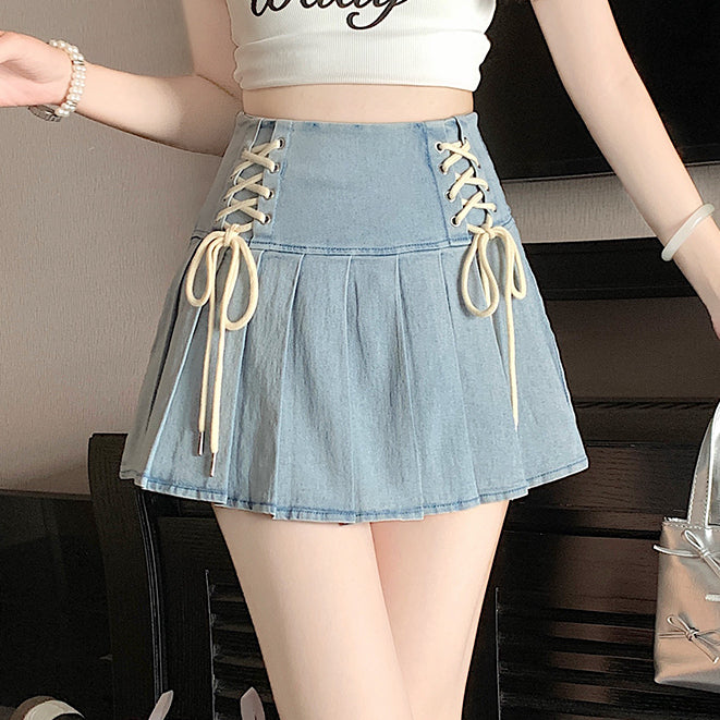 Tie High Waist Pleated A-Line Denim Skirt