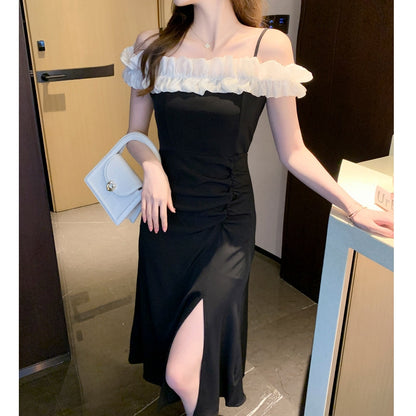 Off-Shoulder Fungus Collar Slit Long Dress