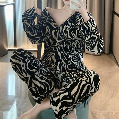 Velvet Sexy Zebra Print Cardigan Long Sleeve Lounge Wear Two Piece Set