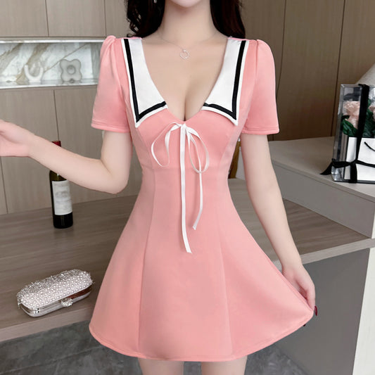 Contrast Color Lapel Uniform High Hem Short Sleeve Dress