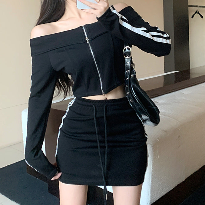 Off-Shoulder Top Striped Elastic Waist Skirt Set