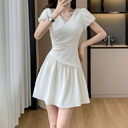 Solid Color V-Neck Puff Sleeve Pleated Dress