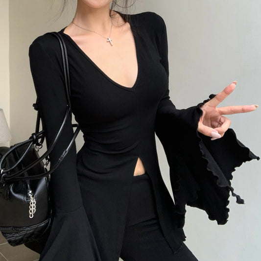 Trumpet Long-Sleeved V-Neck Slit Solid Color Top