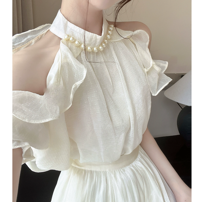 Off-Shoulder Pearl Top Chiffon High Waist Skirt Set