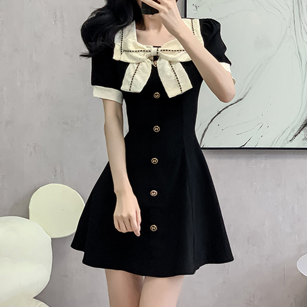 Bow Ruffled Single-Breasted Short-Sleeved Dress