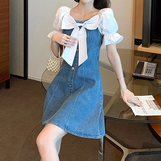 Puff Sleeve Bow Patchwork Denim Dress