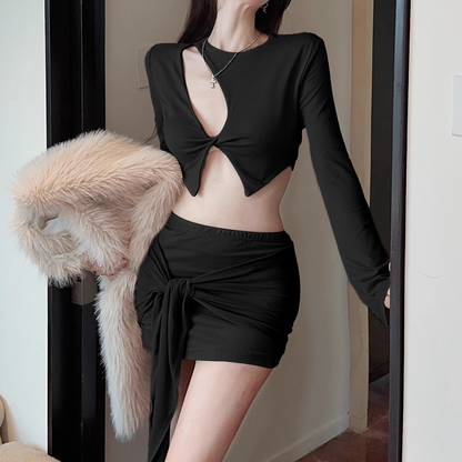 Irregular Hollow Slim-Fitting Top Ribbon Skirt Set