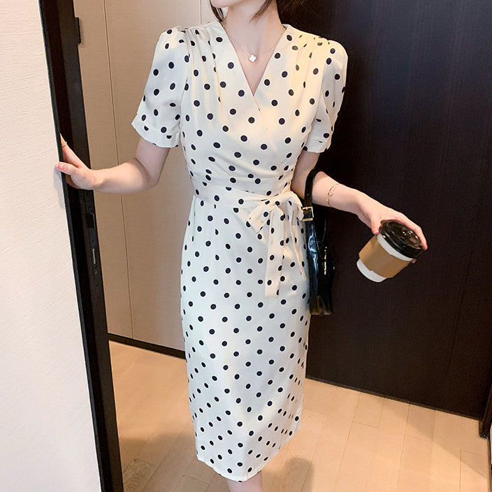 Polka Dot V-Neck Slim Puff Sleeve Lace-Up Dress