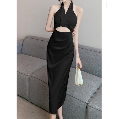 Satin Halter Sleeveless Open-Waist Slim Dress