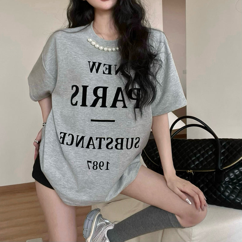 Vintage Letter Print Pearl Loose Short-Sleeved T-Shirt