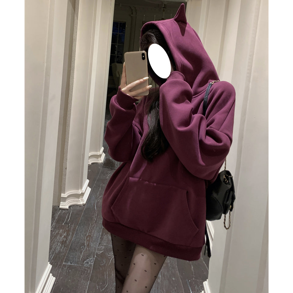 Composite Top Hooded Lantern Sleeve Solid Color Sweatshirt