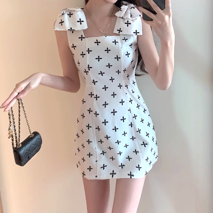 Cross-Print Bow-Knot Waist Strappy Dress