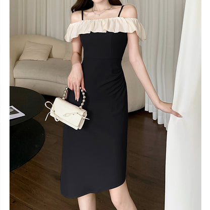 Ruffled Off-Shoulder Irregular Strap Dress