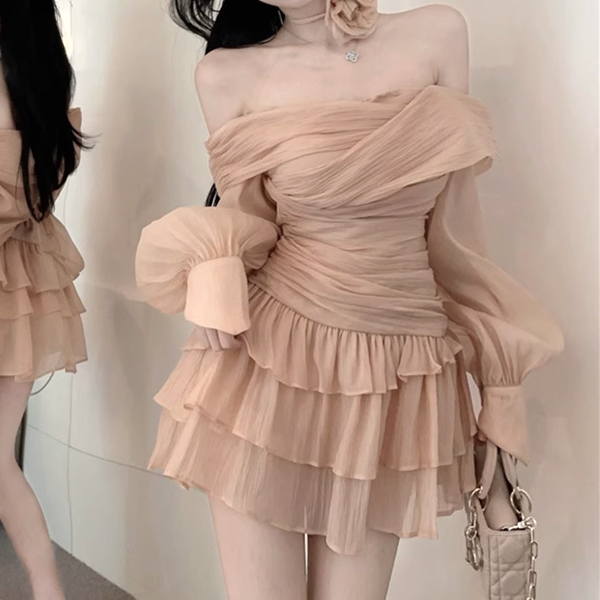 Off-Shoulder Lantern Sleeve Pleated Flower Cake Dress